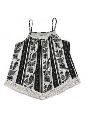 Twik Simons Black White Paisley Print Flowy Camisole Crochet Lace Hem Sz L Boho